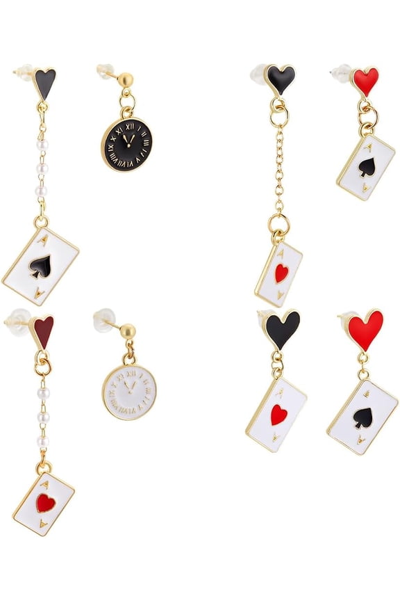 1set 4 Pairs 4 styles Creative Poker Ace Alloy Enamel Dangle Earrings for Women Golden 24.5~57x14~18.5mm 1 pair/style