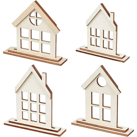 1set 4 Sets Wooden House Shaped Ornaments 4-Style Unfinished Wooden House Shaped Blocks Wood Color Rectangle Board House Board Roof Board Set for DIY Craft Project Home Ornaments PapayaWhip