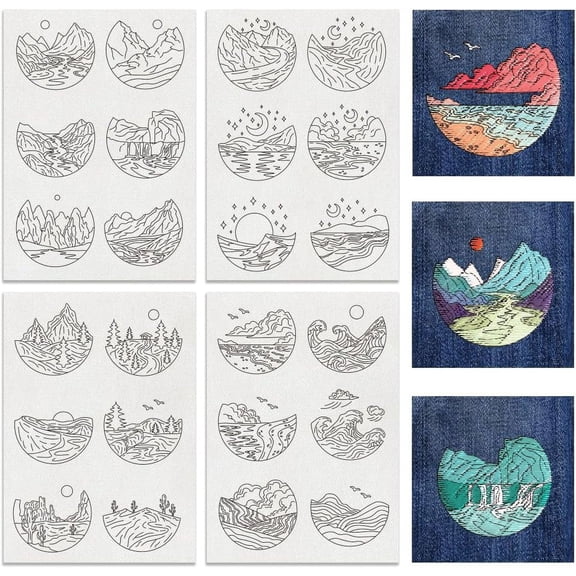 1set 4 Sheets 24pcs Water Soluble Embroidery Patterns Natural Scenery Forests Stitch Embroidery Paper Water Soluble Stabilizers for Carves Shirts Coats Bags Towels White