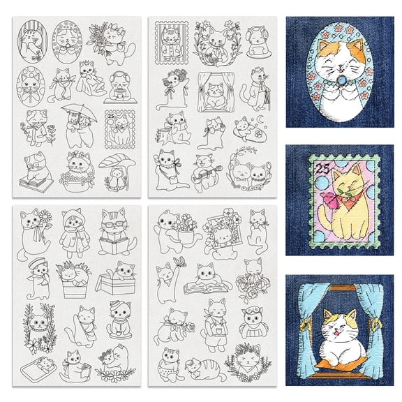 1set 4 Sheets 49pcs Cat and Flower Water Soluble Stabilizer Hand Sewing Stabilizers Flower with Animal Transfer Washable Stick and Stitch Embroidery Paper for Hand Sewing Beginners