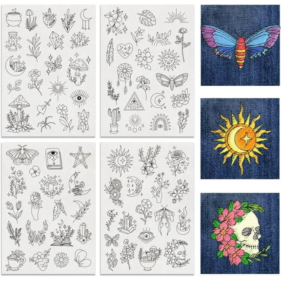 1set 4 Sheets 79PCS Magic Theme Water Soluble Hand Sewing Stabilizers Boho Flower Leaves Tear Away Embroidery Stabilizers for Embroidery Carves Shirts Coats Bags Towels Mixed Color