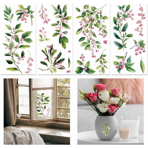 1set 4 Sheets Berry and Leaves Furniture Transfer 6x12inch Branch Plants Rub on Transfer Self-Adhesive Wall Art Decals for Bedroom Living Room Desk Table Decoration Colorful