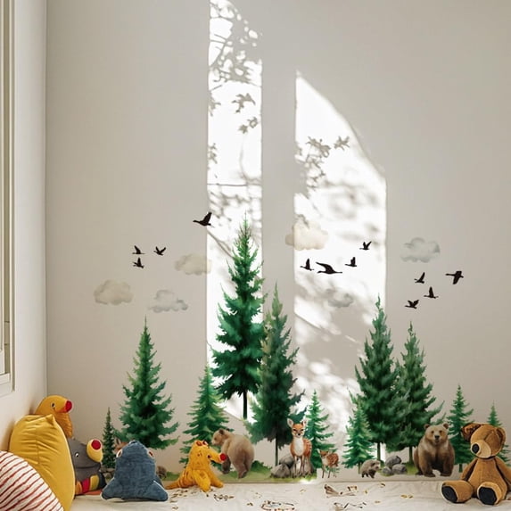 1set 4 Sheets Christmas Pine Tree Wall Sticker Cartoon Sika Deer and Brown Bear Wall Decors Dreamy Forest Wall Stickers for Living Room Playing Room Bedroom