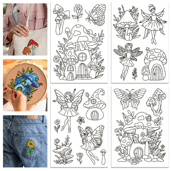 1set 4 Sheets Fairy Water Soluble Stabilizer Mushroom House Hand Embroidery Stick and Stitch for Sewing Embroidery Adhesive Hand Sewing Stabilizers 11.7x8.3inch