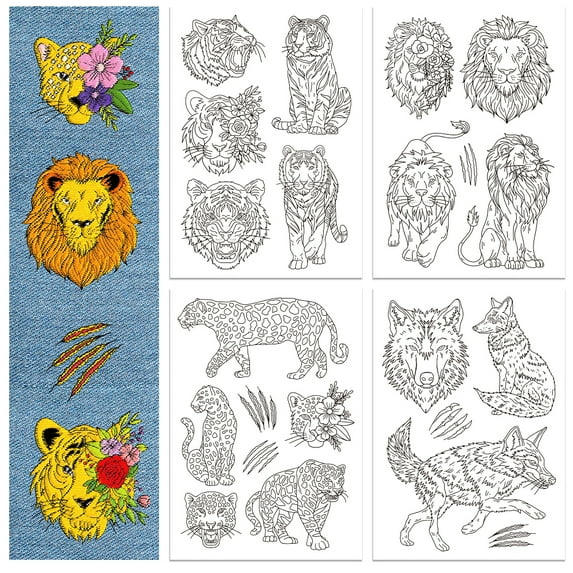 1set 4 Sheets Tiger Leopard Lion Wolf Water Soluble Hand Sewing Stabilizers for Fabric 11.6x8.2 Inch Embroidery Stitch Practice Embroidery Patterns Transfers for Embroidery Beginners
