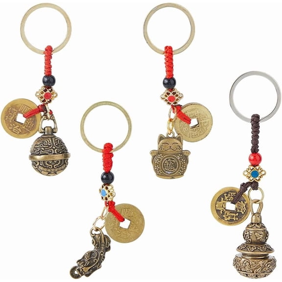 1set 4 Styles Chinese Keychain Bulk Good Luck Charms Keychain Keychain Lucky Cat Wu Lou Charms Keychain with Coin for Longevity Wealth and Success Bronze DIY