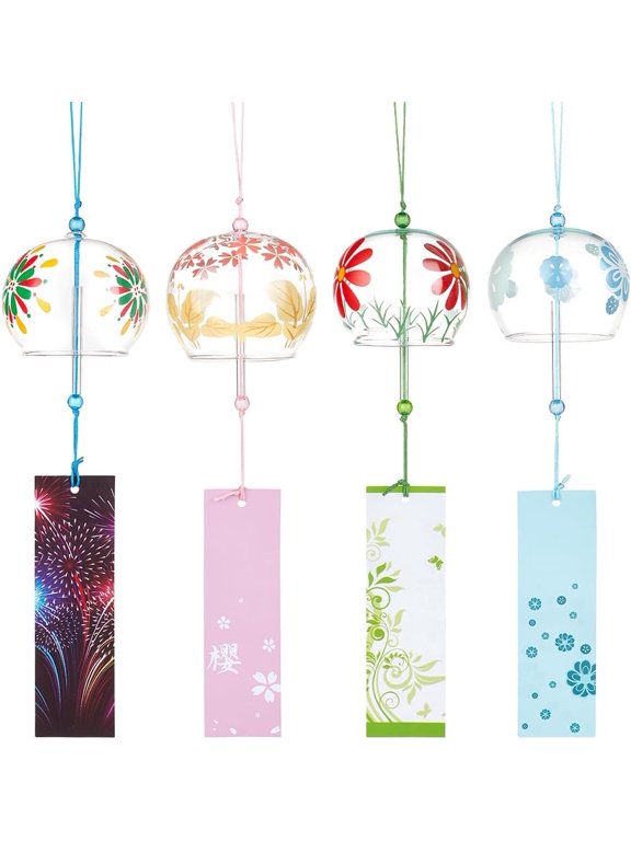 1set 4 Styles Japanese Wind Chimes Cherry Orchid Fireworks Morning Glory Wind Bells Handmade Glass Pendants for Wedding Festival Gift Garden Window Outdoor or Indoor Home Decor colorful DIY