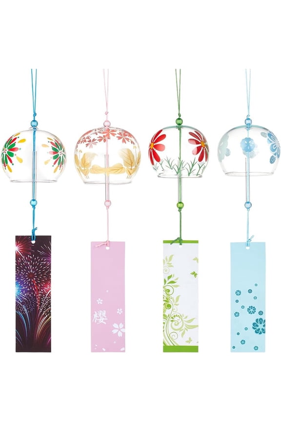1set 4 Styles Japanese Wind Chimes Cherry Orchid Fireworks Morning Glory Wind Bells Handmade Glass Pendants for Wedding Festival Gift Garden Window Outdoor or Indoor Home Decor colorful DIY