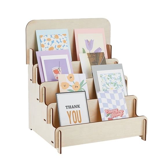 1set 4-Tier Wooden Greeting Card Display Stand Sticker Display Stand Vendors Postcard Organizer Retail Display Racks Multipurpose Brochure Holder 26.5x28x44.5cm