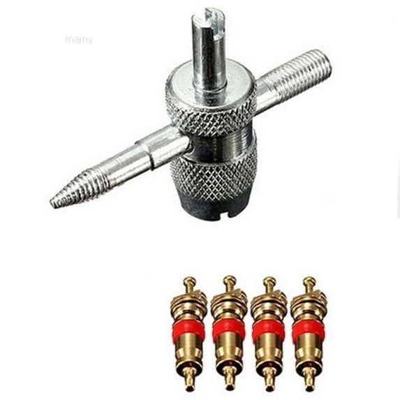 1set 4 Way Car Bike Tyre Tire Valve Repair Remover Tool+4 Valve Stem Cores Kit