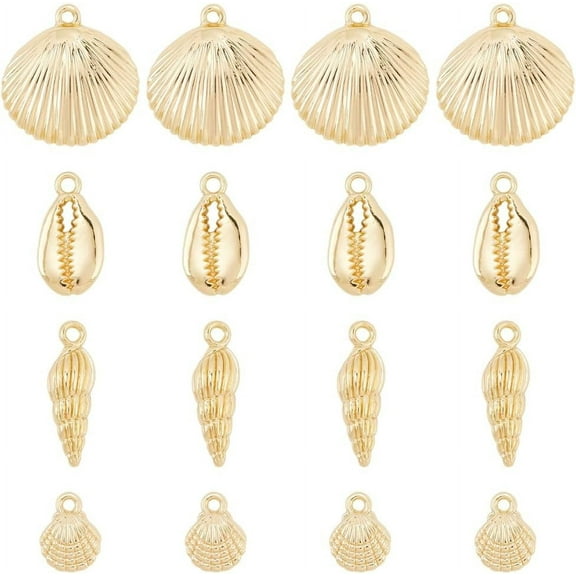 1set 4 styles Alloy Pendants Ocean Theme Cowrie Shell Shape Golden 13.5~24.5x8~22.5x3~5.5mm Hole: 1.8~2.2mm 6pcs/style