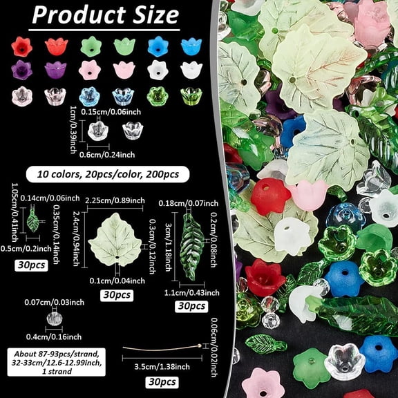 1set 407 pcs Acrylic Assorted Beads Kit Bluebell Flower Beads Caps Maple Leaf Acrylic Pendants Flower&Leaf Loose Beads Earring Making Kit with Round Glass Beads Brass Ball Pins for Jewelry Making
