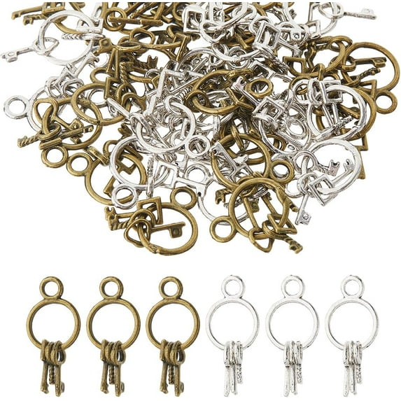1set 40Pcs 2 Colors Bronze & Silver Key Charms Vintage Key String Pendants for House Warming Party Favor Key Charms Set for Gift Metal Ornaments for Candle Jars