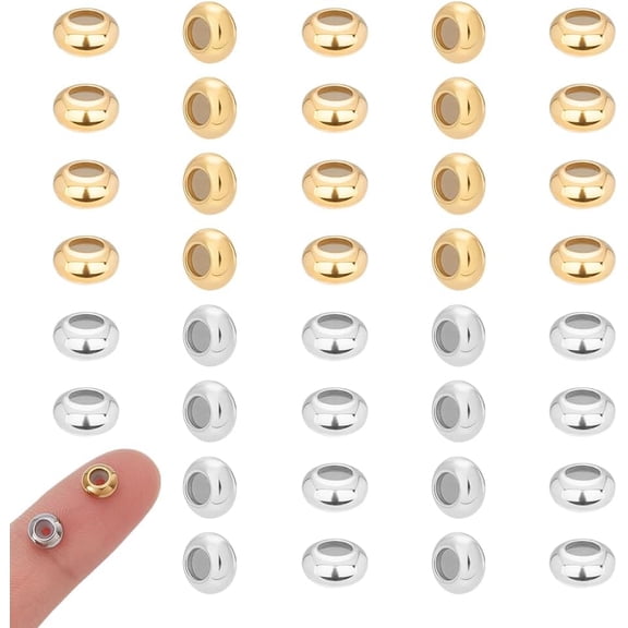 1set 40pcs 2 colors 202 Stainless Steel Beads with Rubber Inside Slider Beads Rondelle Golden & Stainless Steel color 6x3mm Hole: 1.5mm 20pcs/color