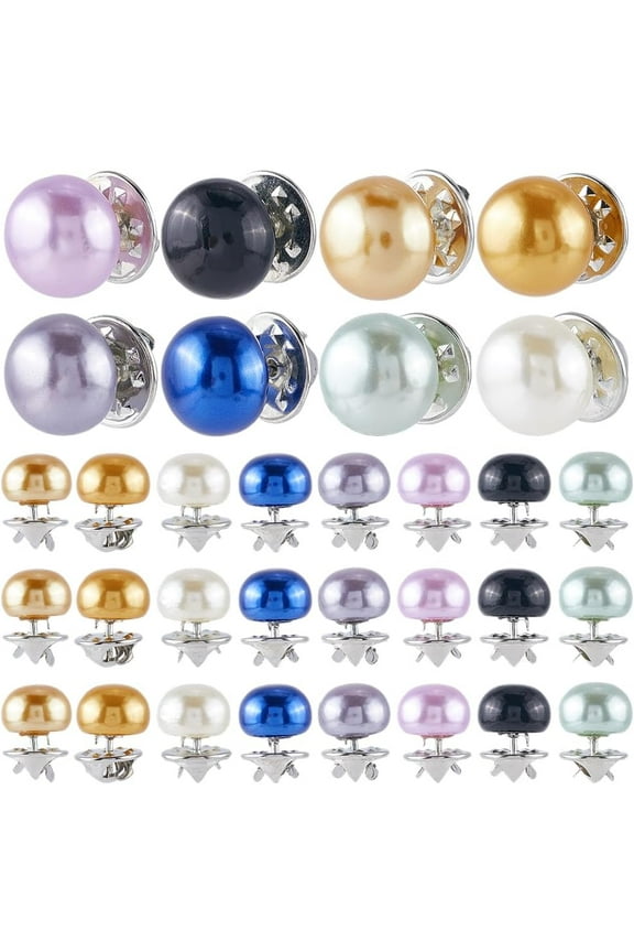 1set 40pcs 8 colors Plastic Imitation Pearl Brooch Round Iron Pins Mixed color 12mm 5pcs/color