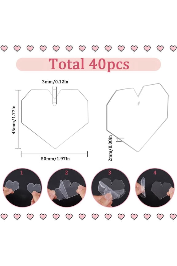 1set 40pcs Heart Acrylic Blanks Clear Ornament Blank Bulk Transparent Unfinished Love Hearts Shaped Disc Hanging with Hole for Valentine's Day Keychain Bags Decors Crafts Accessories