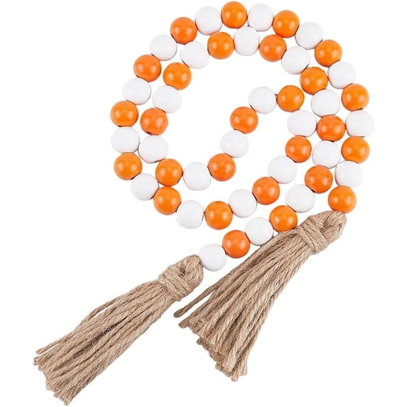 1set 42 Inch Wood Bead Garland Decor Rustic Country Farmhouse Boho Home Orange White Wooden Beads Tassel Wall Hanging Ornaments for Coffee Table Wall Shelf Tray Vase Living Room Bedroom Orange