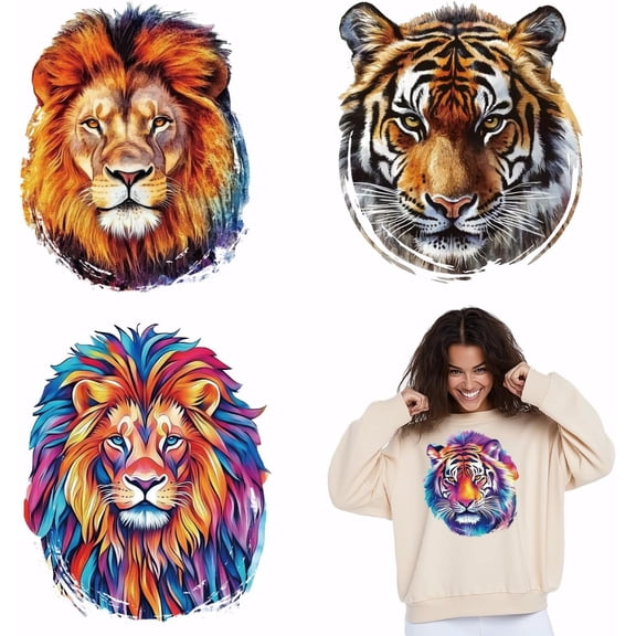 1set 4PCS Lion and Tiger Iron On Transfer Patches Animal Heat Transfer Stickers DIY Iron On Decals Washable Heat Transfer Paper for Clothing T-Shirt Backpacks Bag Pillow Decor Applique Colorful