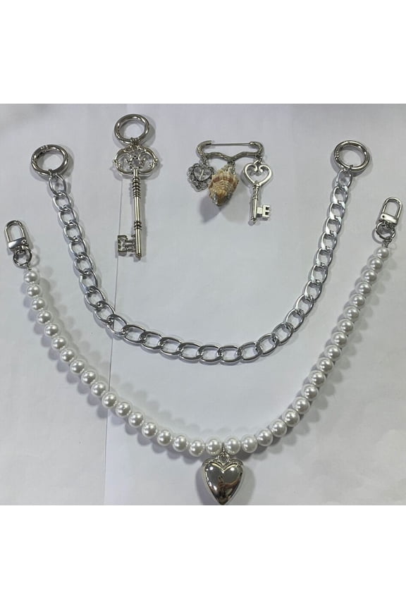 1set 4Pcs 4 Styles Aluminum Curb Purse Chains Alloy Brooches Set with Acrylic Shell Heart Key Pendants Alloy Spring Gate Rings Platinum 4Pcs/set