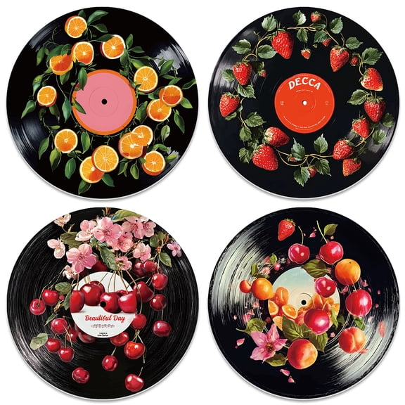 1set 4Pcs 4 Styles PVC Record Wall Decor for Bars Restaurants Cafe Pubs Fruit 300mm 1pc/style