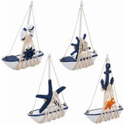 1set 4Pcs Mini Sailboat Model Decoration Wooden Miniature Sailing Boat Home Decor Set Beach Nautical Design Marine Blue and White Desktop Ocean Landscape Ornament for Bathroom Bedroom Colorful DIY