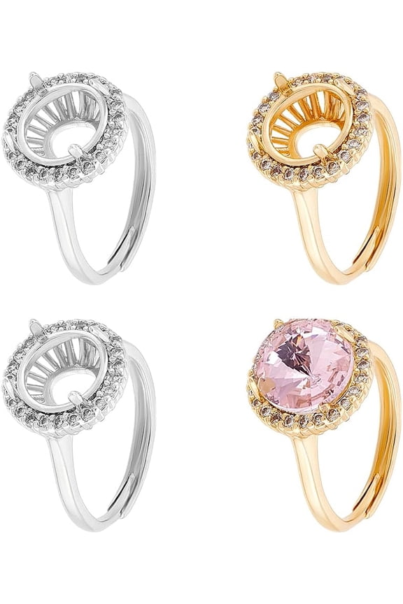 1set 4pcs 2 colors Rack Plating Round Brass Micro Pave Cubic Zirconia Adjustable Ring Components 4 Claw Prong Ring Settings Long-Lasting & Golden Tray: 8mm Inner Diameter: 18mm 2pcs/color