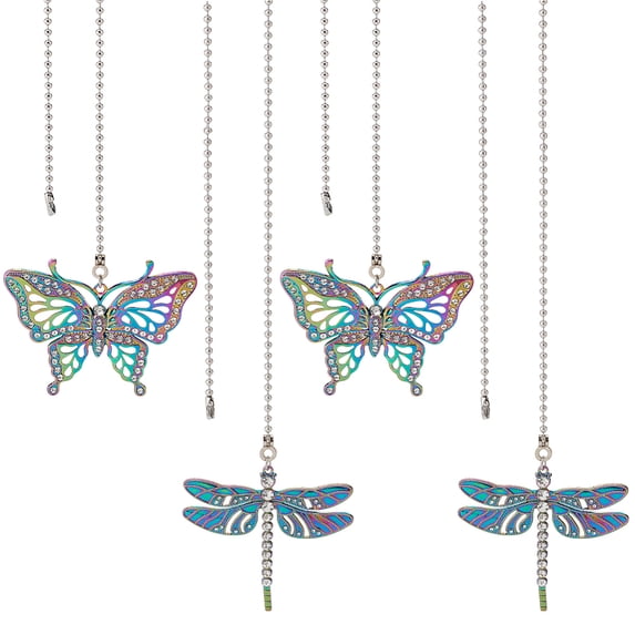 1set 4pcs 2 styles Alloy Ceiling Fan Pull Chain Extenders with 304 Stainless Steel Ball Chains Butterfly & Dragonfly Rainbow color 358~370mm 2pcs/style