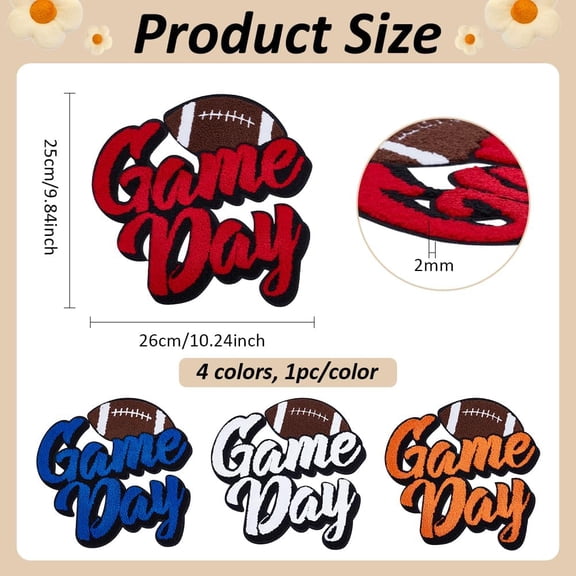 1set 4pcs 4 colors Polyester Iron on/Sew On Patches Hot Melt Adhesive Cloth Appliques Word Game Day Rugby Mixed color 260x250x2mm 1pc/color