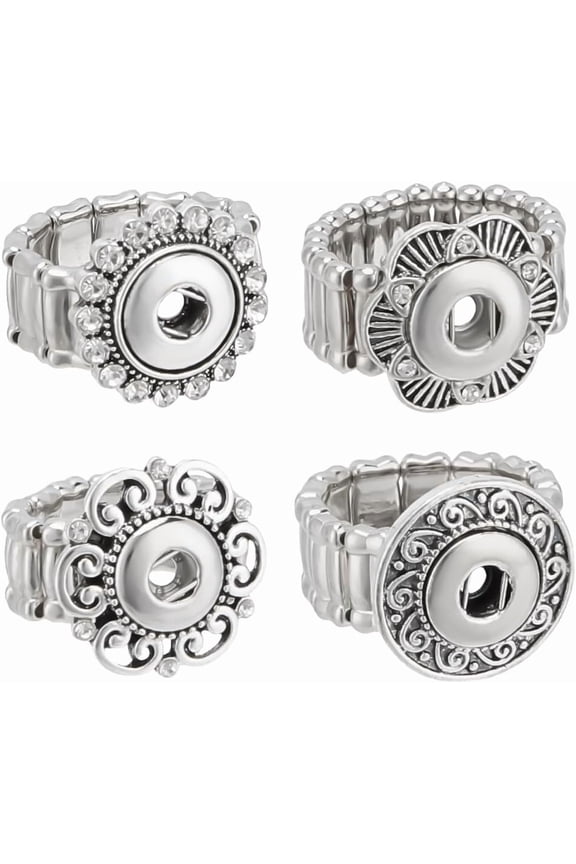 1set 4pcs 4 styles Alloy Interchangeable Snap Stretch Ring Settings Finger Ring Accessories Findings Inner Diameter: 18~20mm 1pc/style.
