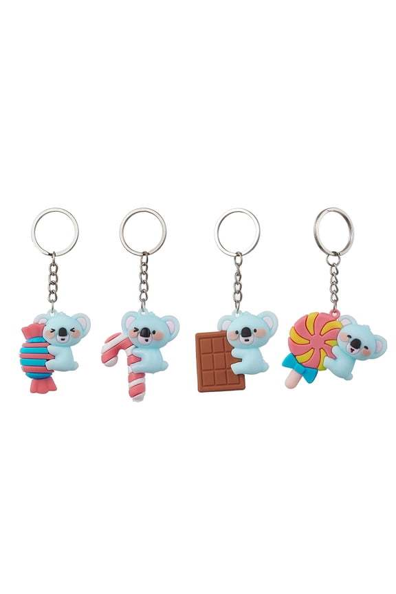 1set 4pcs 4 styles Cartoon Koala PVC Plastic Keychain with Iron Split Key Rings Pale Turquoise 10.3~10.9cm 1pc/style