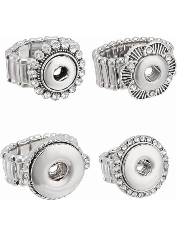 1set 4pcs 4 styles Rhinestone Interchangeable Snap Stretch Ring Settings Alloy Ring Accessories Findings Inner Diameter: 19~21mm 1pc/style