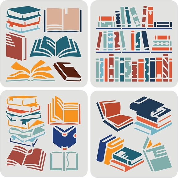1set 4pcs Book Stencils for Painting 15x15cm Plastic PET Collection Books Stencil Templates Reusable Stacked Standing Book Drawing Stencil for Office Study Library Wall Decor 1set