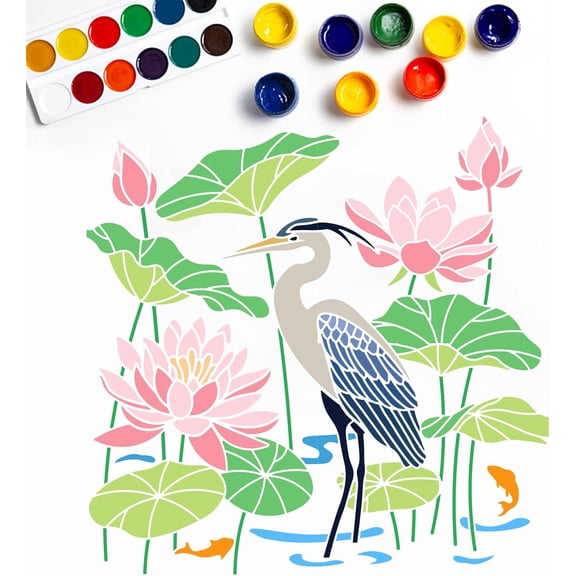 1set 4pcs Heron Lotus Flower Stencil 11.811.8 Inch Heron Fish Lotus Leaf Pattern Spliced style Reusable PET Template Wall Stencils Create Wetland Bird Crafts and Decor