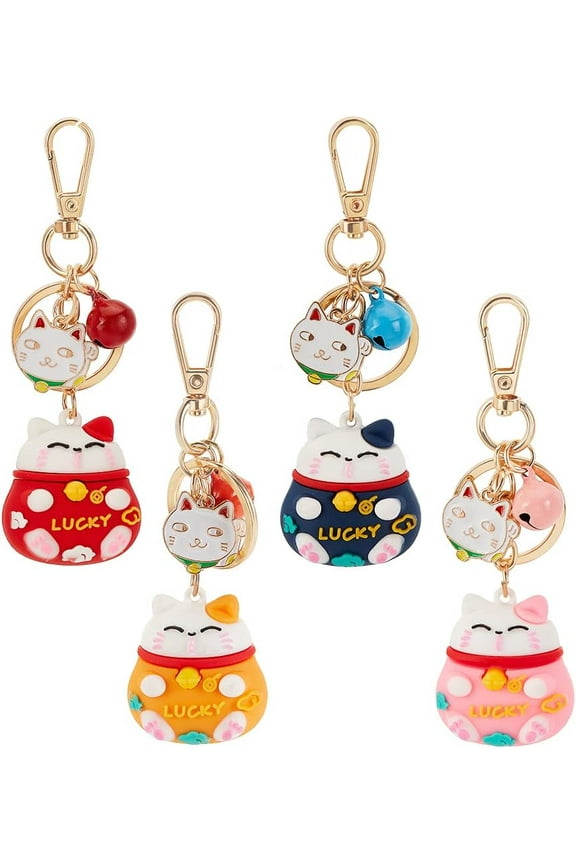 1set 4pcs Lucky Cat Keychain Pendants Japanese Cat Keychains with Cat Bell Decoration Maneki Neko Keyrings Fortune Lucky Key Chains for Hanbag Backpack Phone Decor Gifts