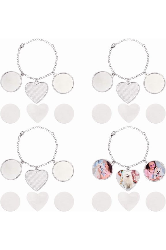 1set 4pcs Sublimation Bracelets Blanks Heat Transfer Bracelet Round Heart Photo Bezel Tray Blank Adjustable Bracelet Bezel Setting with Cabochons for Women Bracelet Christmas Thanksgiving