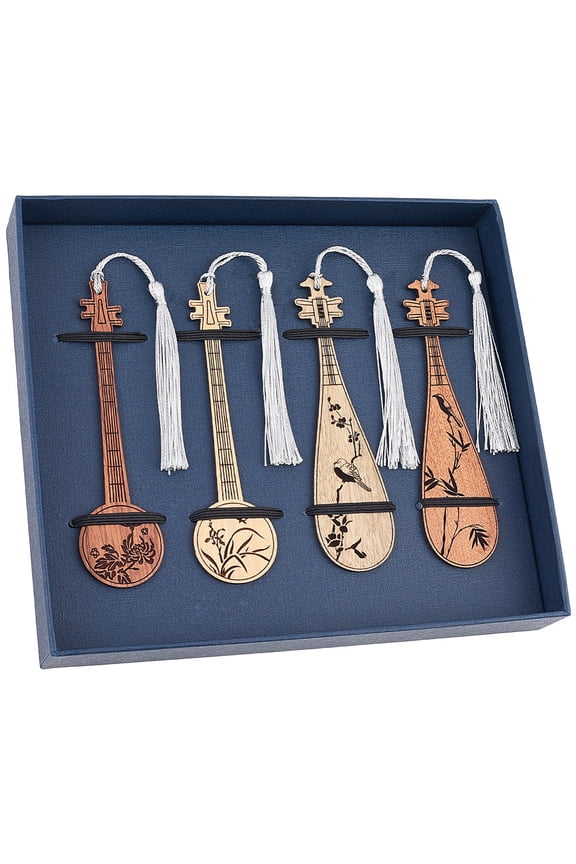 1set 4pcs Wooden Pipa Bookmarks Polyester Tassel Pendants Bookmarks Mixed color 240~250mm DIY