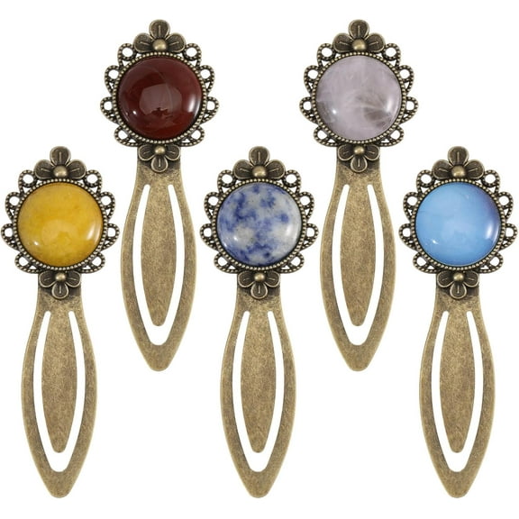1set 5 Pc 5 Styles Bookmark Natural Gemstone Alloy Bookmark with Stone Bronze Bookmark Note Clips Book Markers for Teachers Student Bookworm Gift