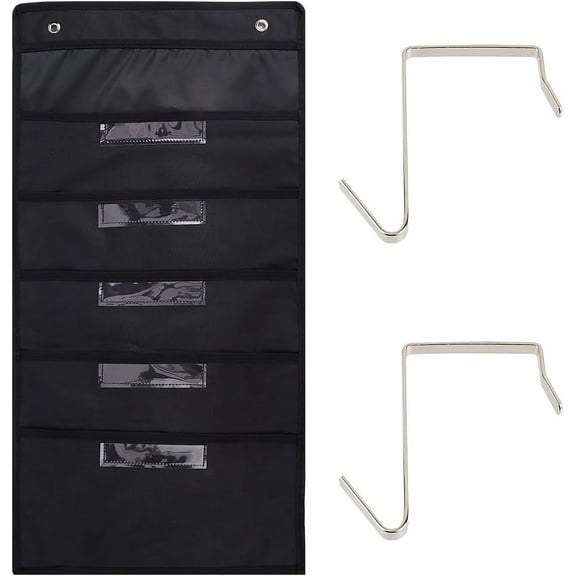 1set 5 Pockets Hanging File Organizer Black Oxford Cloth Foldable Wall Mount Magazine Door Storage Pocket bag File Holder with 2 Iron Hook for Document School Mailbox Home Office