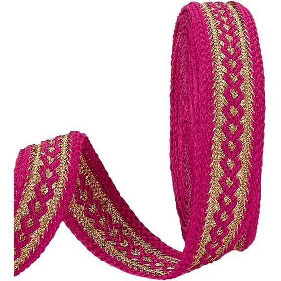 1set 5 Yards Ethnic Gimp Braid Trim 3/4" Wide Polyester Jacquard Ribbon Trim with Gold Jacquard Boho Embroidered Vintage Woven Ribbon for Cloth DIY Crafts Sewing Jewelry Making Decor Fuchsia Brown