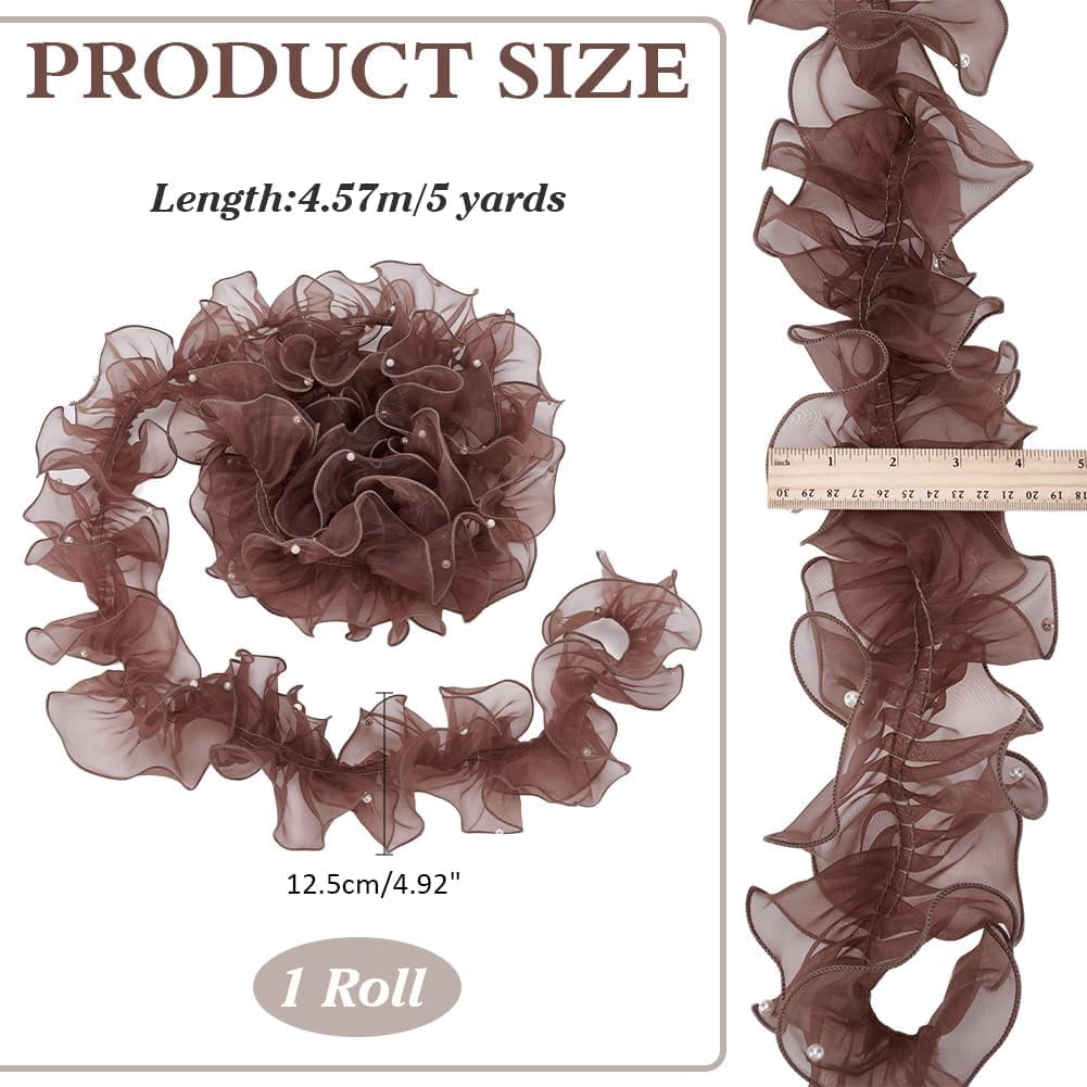 1set 5 Yards Pleated Organza Pleated Lace Ribbon Ruffled Ribbon with Plastic Beads Garment Accessories Coffee 4-7/8 inch(125mm)