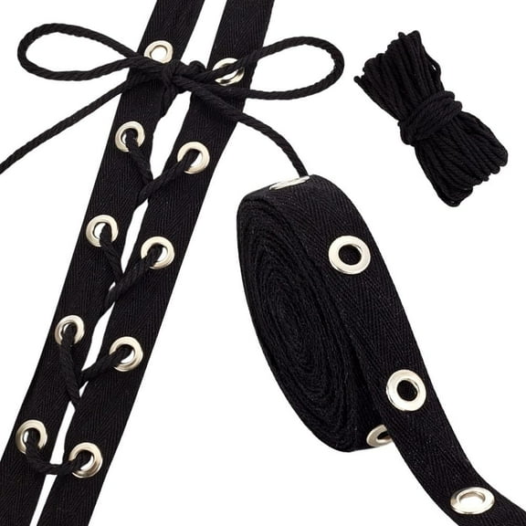 1set 5 Yards Ribbons with Steel Eyelet Rings with 1M String Threads Black 1/8~3/4 inch(3~20mm) Hole: 6mm