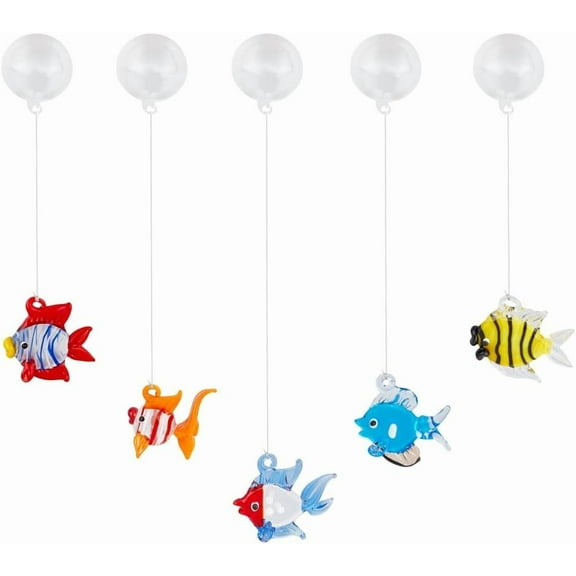 1set 5 sets 5 styles Blown Floating Glass Fish Miniature Figurine Aquarium Decoration Statue Mixed color 33~38x35~42x12~24mm Hole: 2~3mm 1 set/style