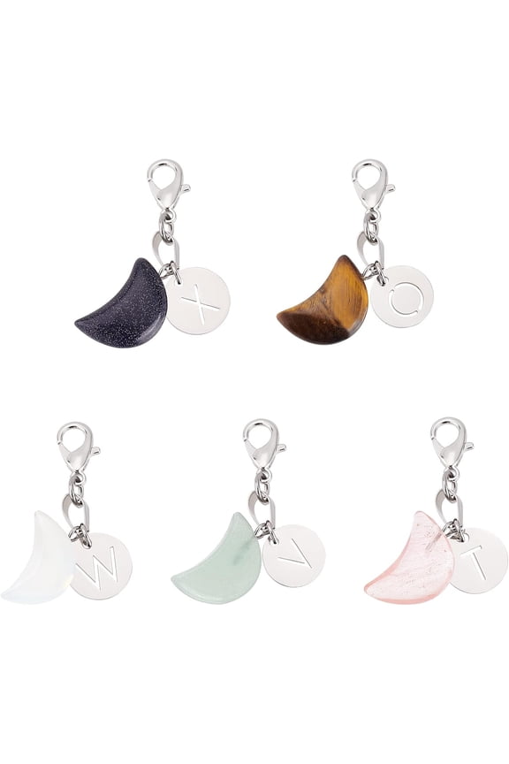 1set 5 styles Cat Dog Collar Crystal Charms Moon Gemstone Pendant Decoration with Alloy Lobster Claw Clasps and Random Mixed Letters Flat Round Charms for Dog Colloar Key Chain Making