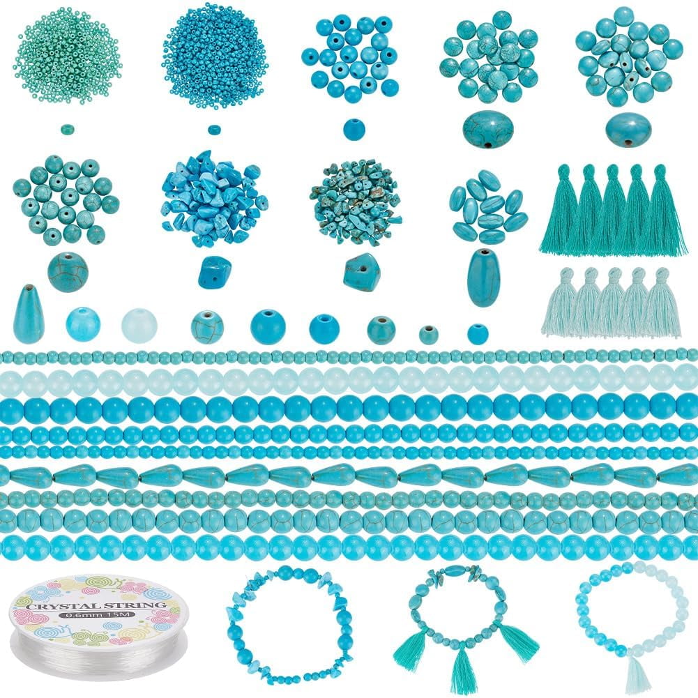 Turquoise Beads Kit Includes Chip/Round/Teardrop/Oval/Flat Round Turquoise Howlite Beads Glass Seed Beads Tassels for DIY Bracelet Necklaces Jewelry Making