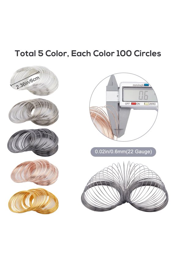 1set 500pcs 5 colors Steel Memory Wire for Collar Necklace Wrap Bracelets Making Mixed color 0.6mm Inner Diameter: 60mm 100pcs/color