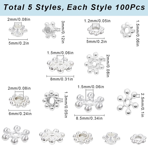1set 500pcs 5 styles Alloy Daisy Spacer Beads Mixed Shapes Silver 4~10x1.5~2mm Hole: 1~2.5mm 100pcs/style