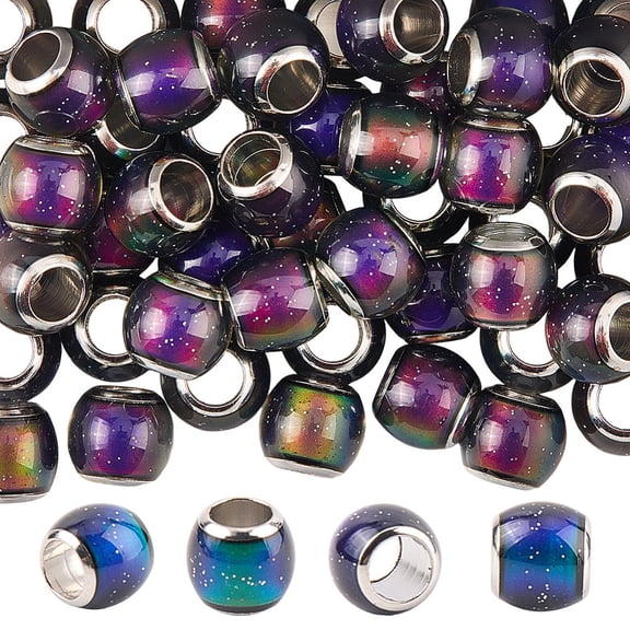 1set 50Pcs Glass European Beads Large Hole Beads with Platinum Tone Brass Double Cores Rondelle Changing Color Mood Beads Colorful 7~8x6~7mm Hole: 4mm