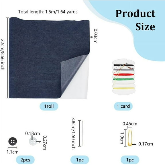 1set 59x8.7 Inch Denim Iron-on Patches Midnight Blue Extra Large Patches for Jeans 0.3mm Thick Denim Patch with Thread Button Clip and Needle for Jeans Clothing Hole Repairing and Decoration
