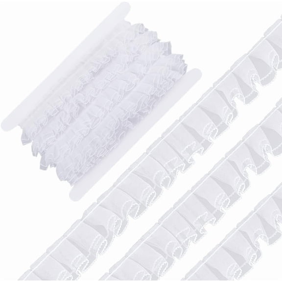 1set 5m Double Ruffle Lace Trim White Pleated Fabric Ribbon Chiffon Edging Trimmings for Sewing Craft Wedding Bridal Dress Party Decoration Clothes Embellishment White