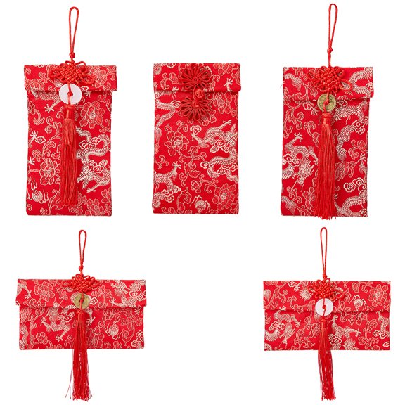 1set 5pcs 5 styles Rectangle Brocade Craft Pouch with Polyester Tassels Floral Embroidered bag for Wedding Red Envelope Storage Red 10.5~25.5cm 1pc/style